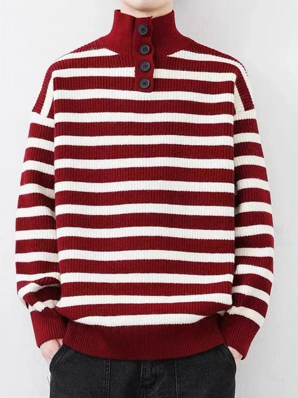 Contrasting Colors Stripes Thickening Red Turtleneck Sweater - Image 2