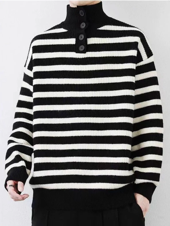 Contrasting Colors Stripes Thickening Red Turtleneck Sweater - Image 3