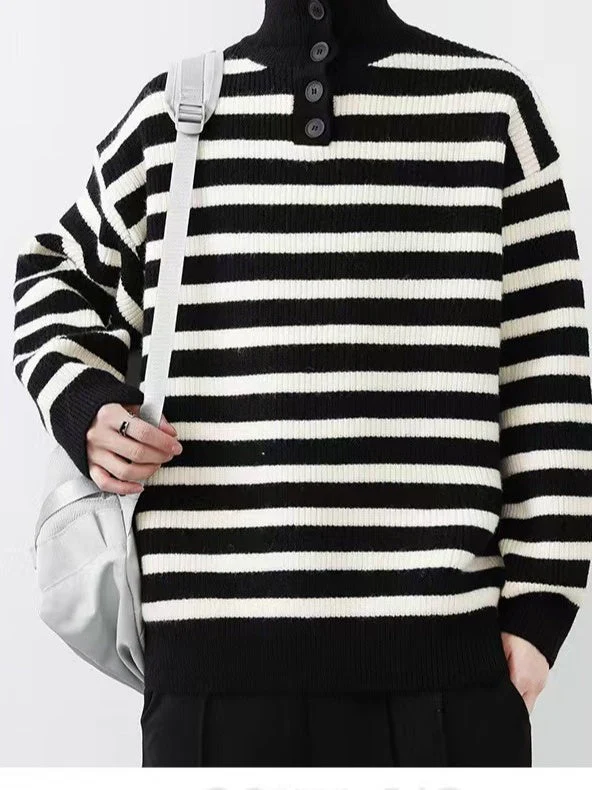 Contrasting Colors Stripes Thickening Red Turtleneck Sweater - Image 4