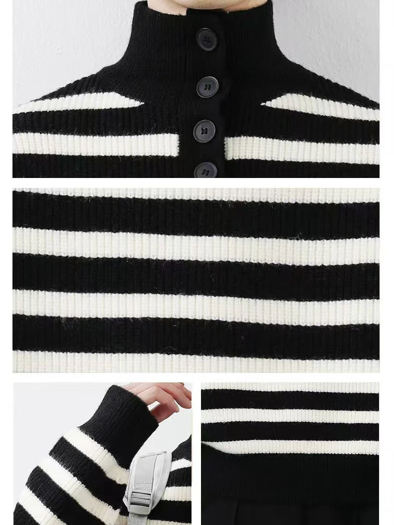 Contrasting Colors Stripes Thickening Red Turtleneck Sweater - Image 5