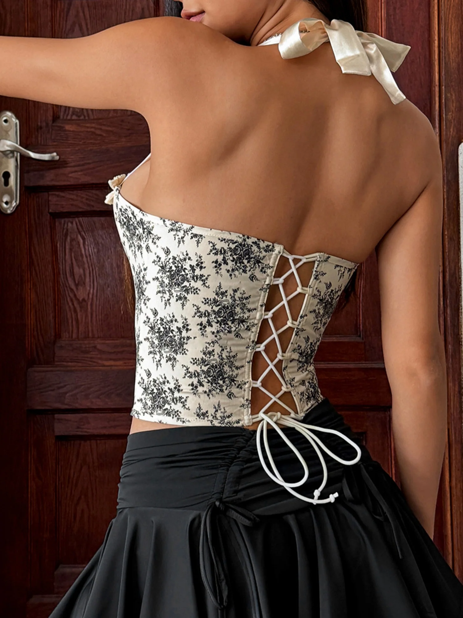 Wood Ear Printed Backless Neck Bra Fishbone Vest - Image 6