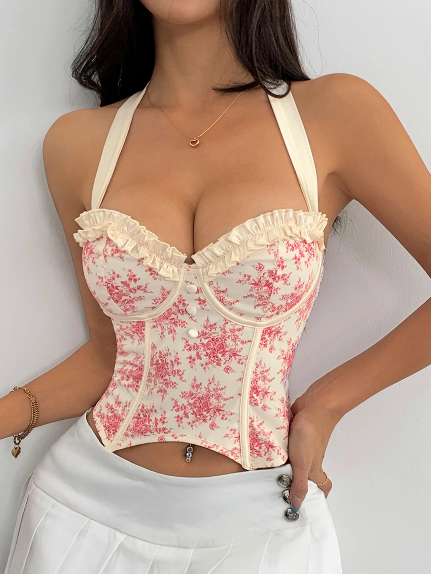 Wood Ear Printed Backless Neck Bra Fishbone Vest - Image 9