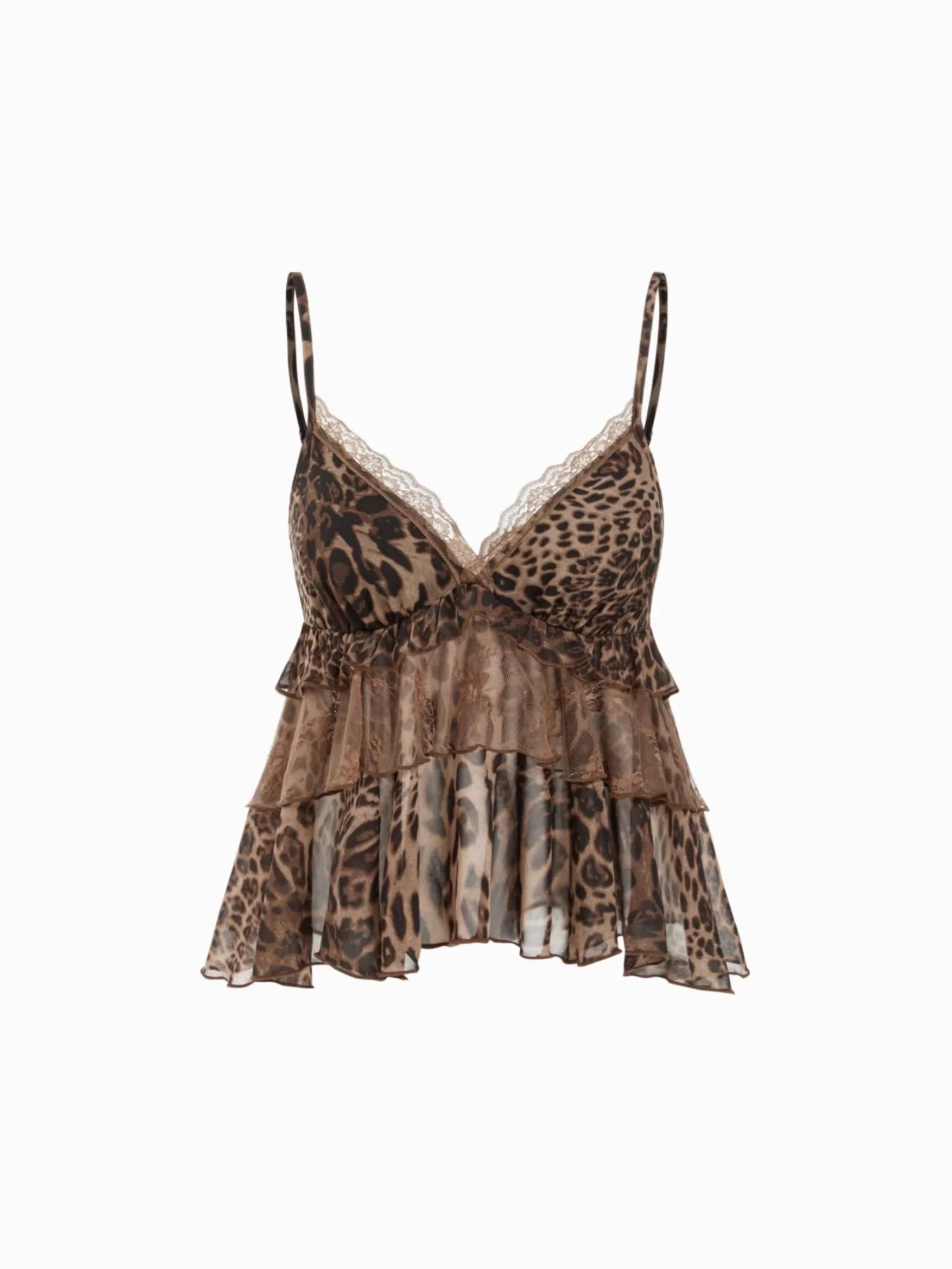 Leopard Print Chiffon Lace Trim Ruffle Tank Top - Image 3