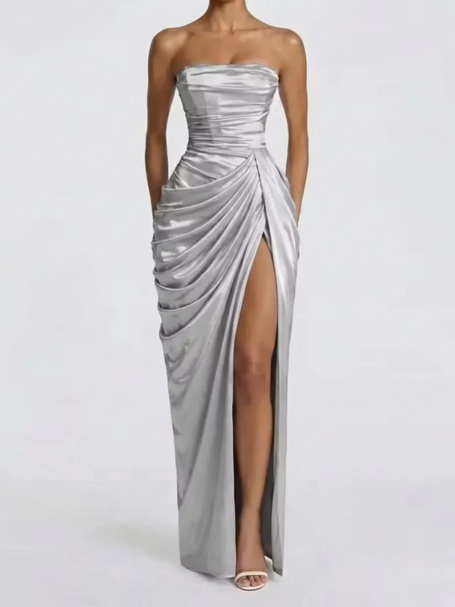 Pleated Slit Strapless Waist Maxi Dresses - Image 11
