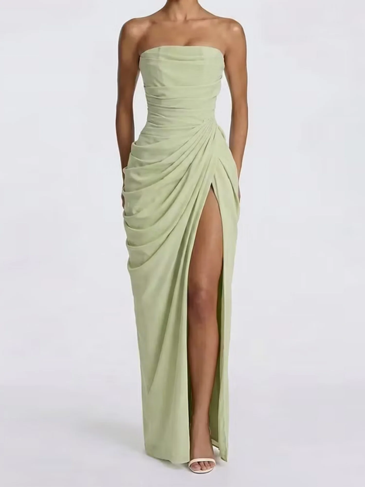 Pleated Slit Strapless Waist Maxi Dresses - Image 12
