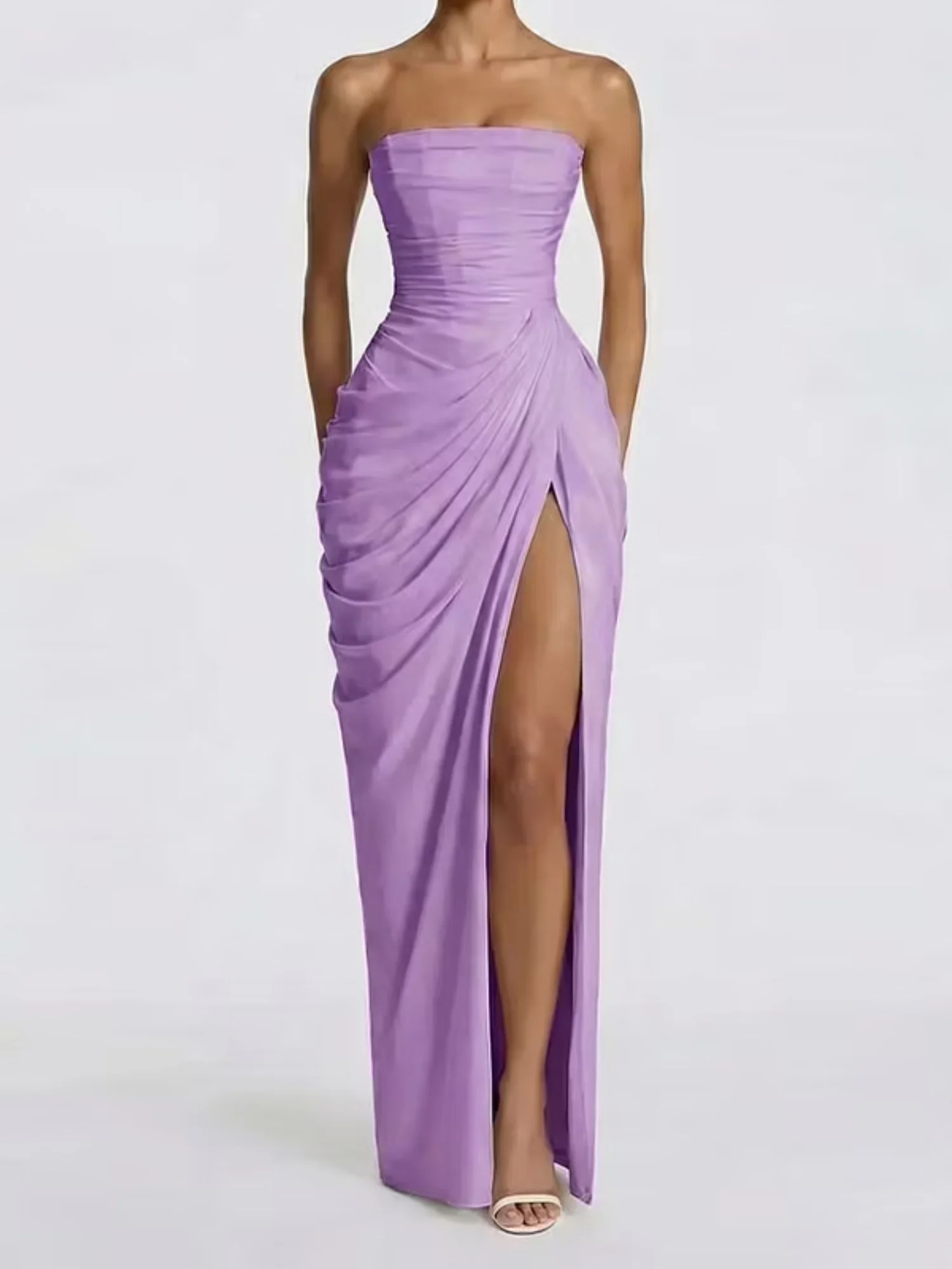 Pleated Slit Strapless Waist Maxi Dresses - Image 13