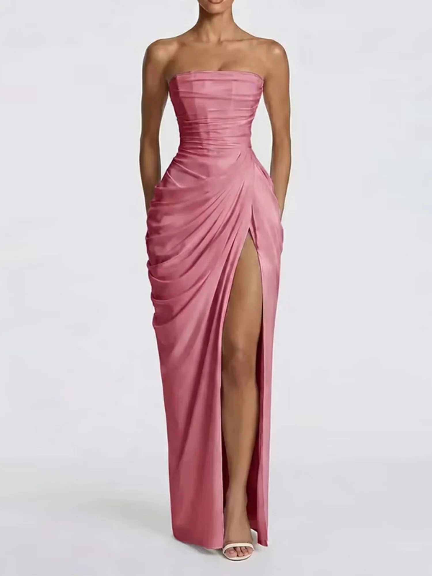 Pleated Slit Strapless Waist Maxi Dresses - Image 15