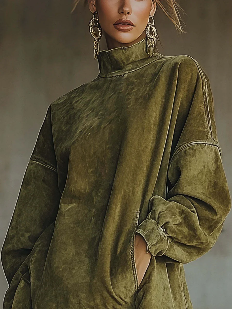 High-neck, Loose-fitting, Pocketed, Tassel Long-sleeved Suede Mini Dress - Image 2