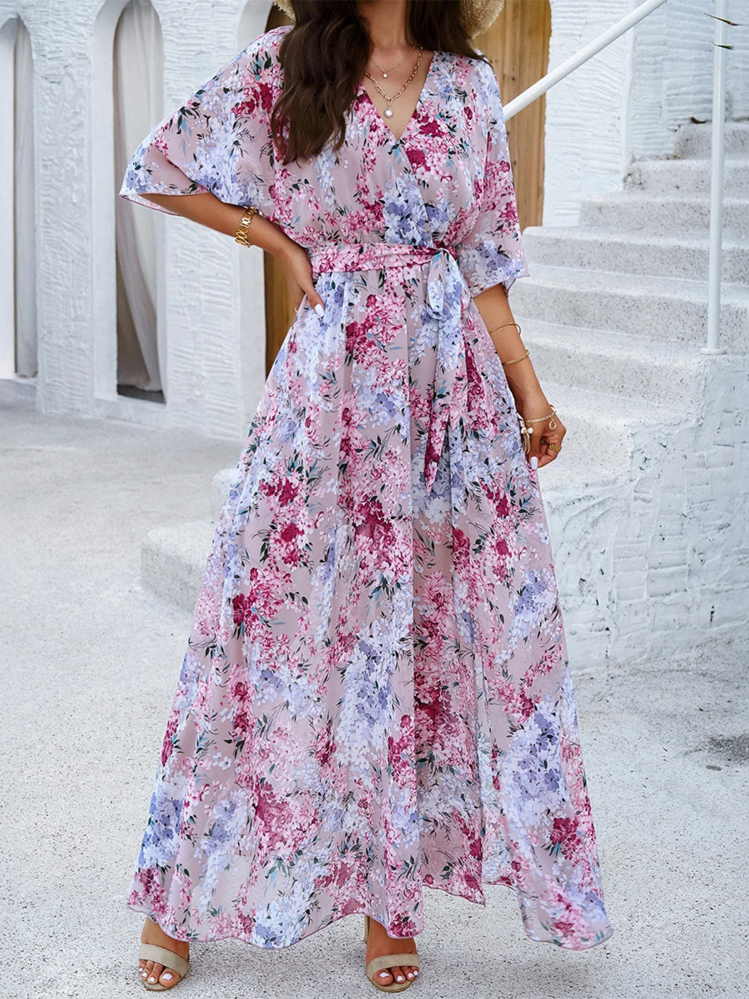 Printed Straps V-neck Short Sleeve Slit Maxi Dresses - Image 13