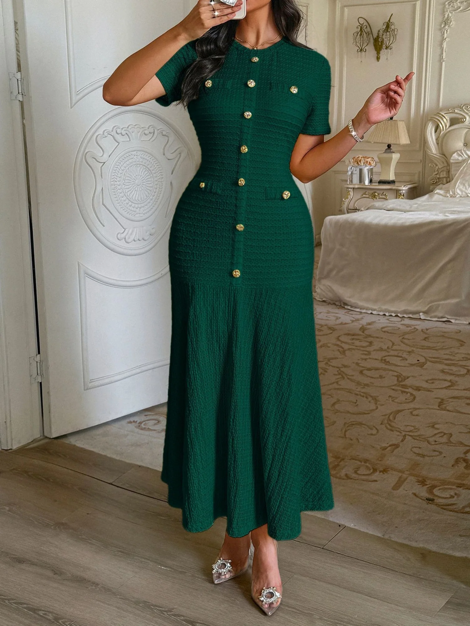 Buttons Short-sleeved Bodycon Top Maxi Dresses - Image 10
