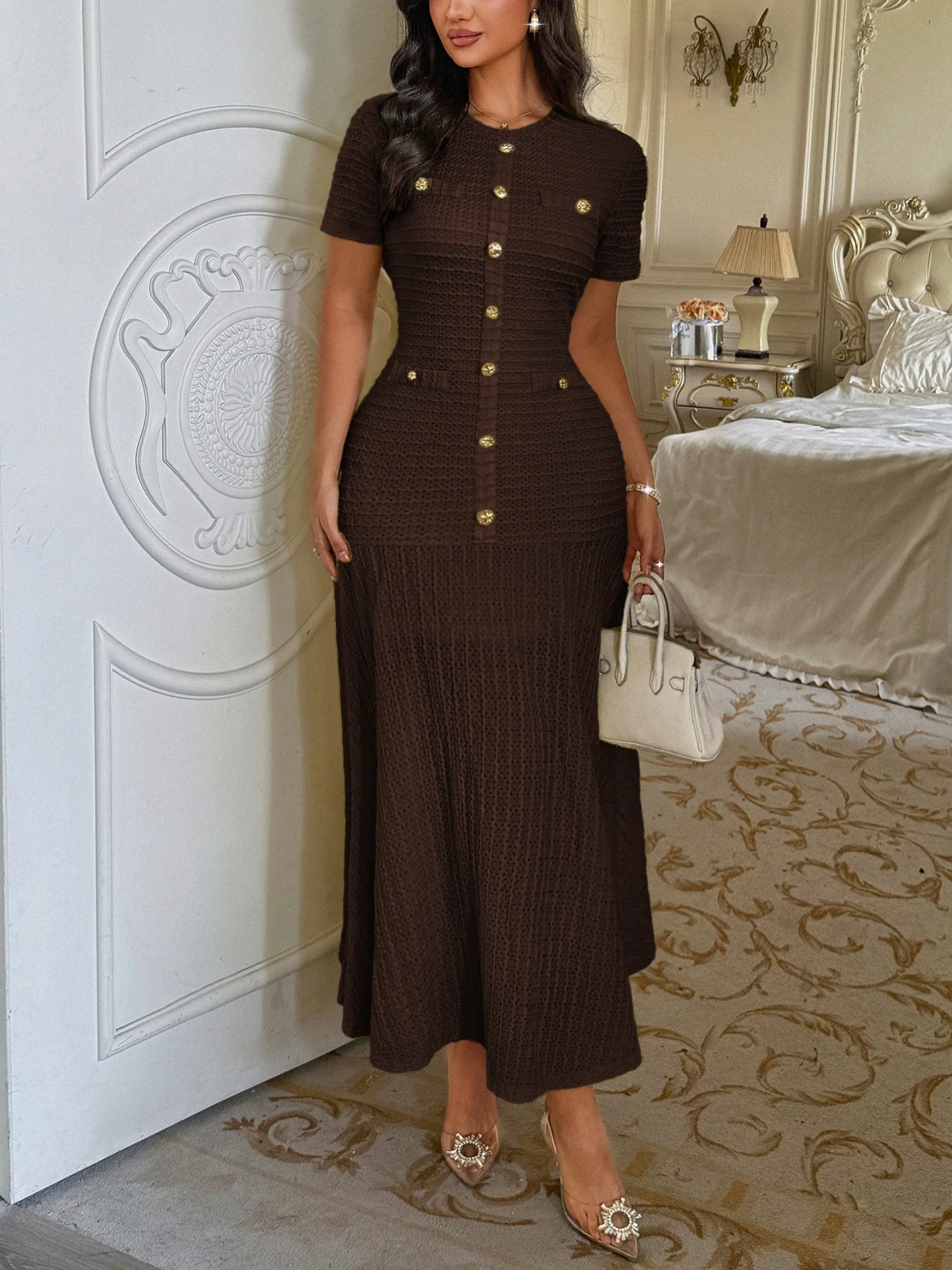 Buttons Short-sleeved Bodycon Top Maxi Dresses - Image 12