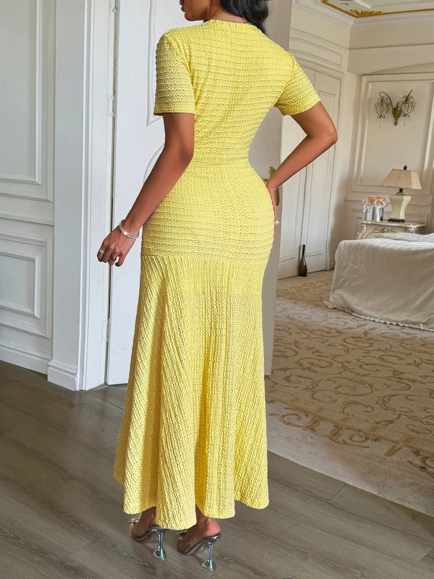 Buttons Short-sleeved Bodycon Top Maxi Dresses - Image 2