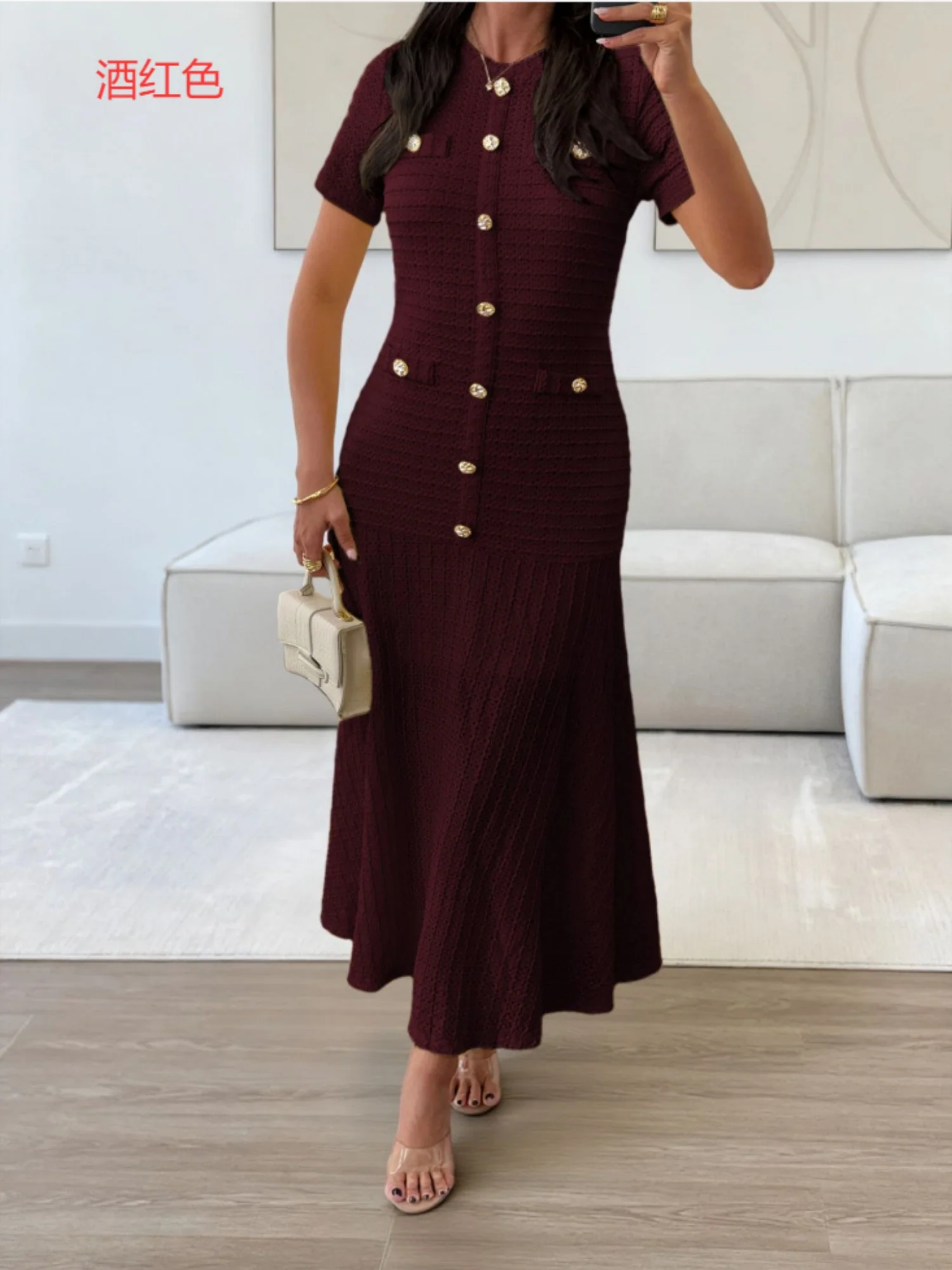 Buttons Short-sleeved Bodycon Top Maxi Dresses - Image 7