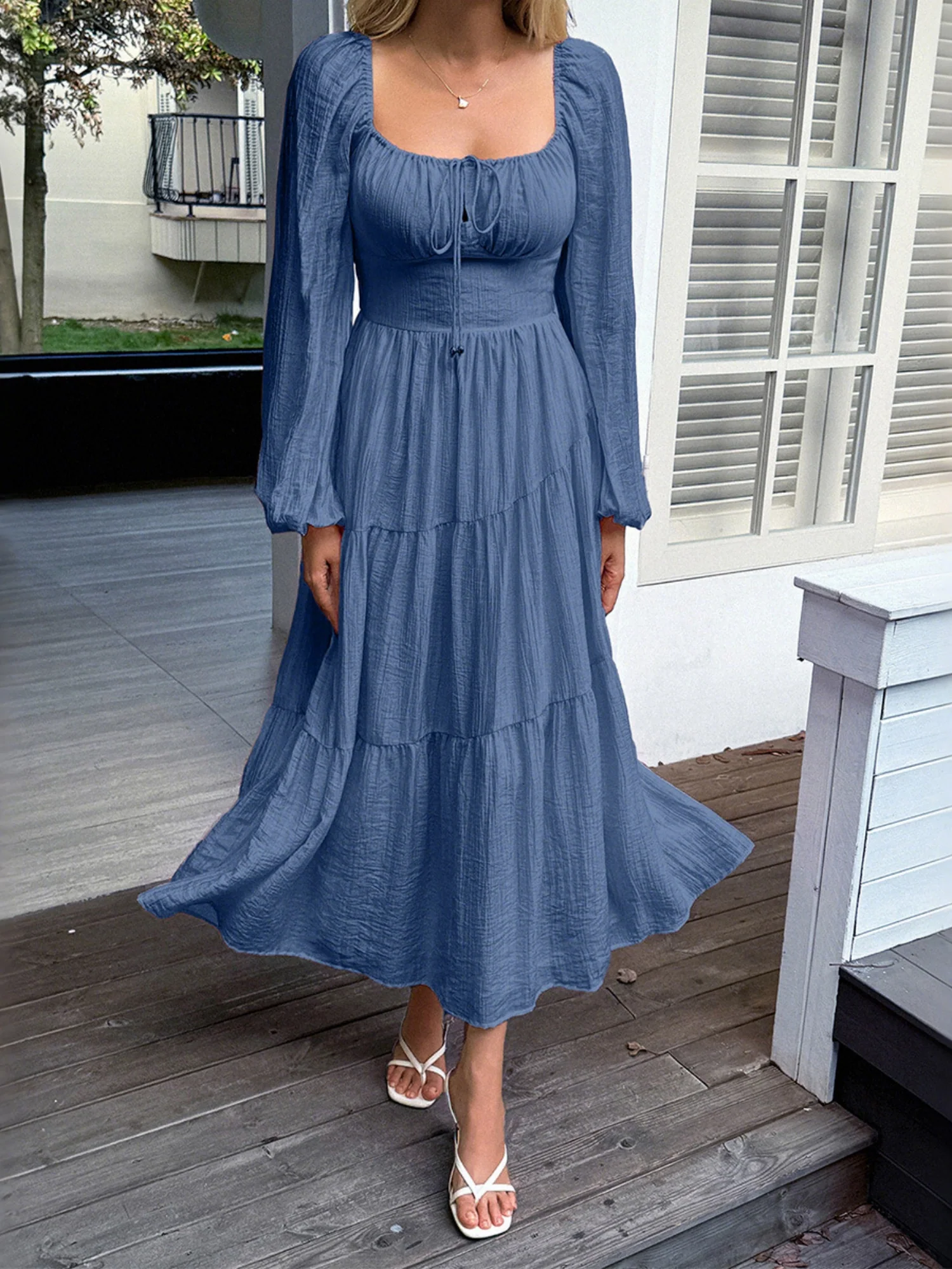 Straps Puff Sleeve U-neck Long Sleeve Maxi Dresses - Image 10