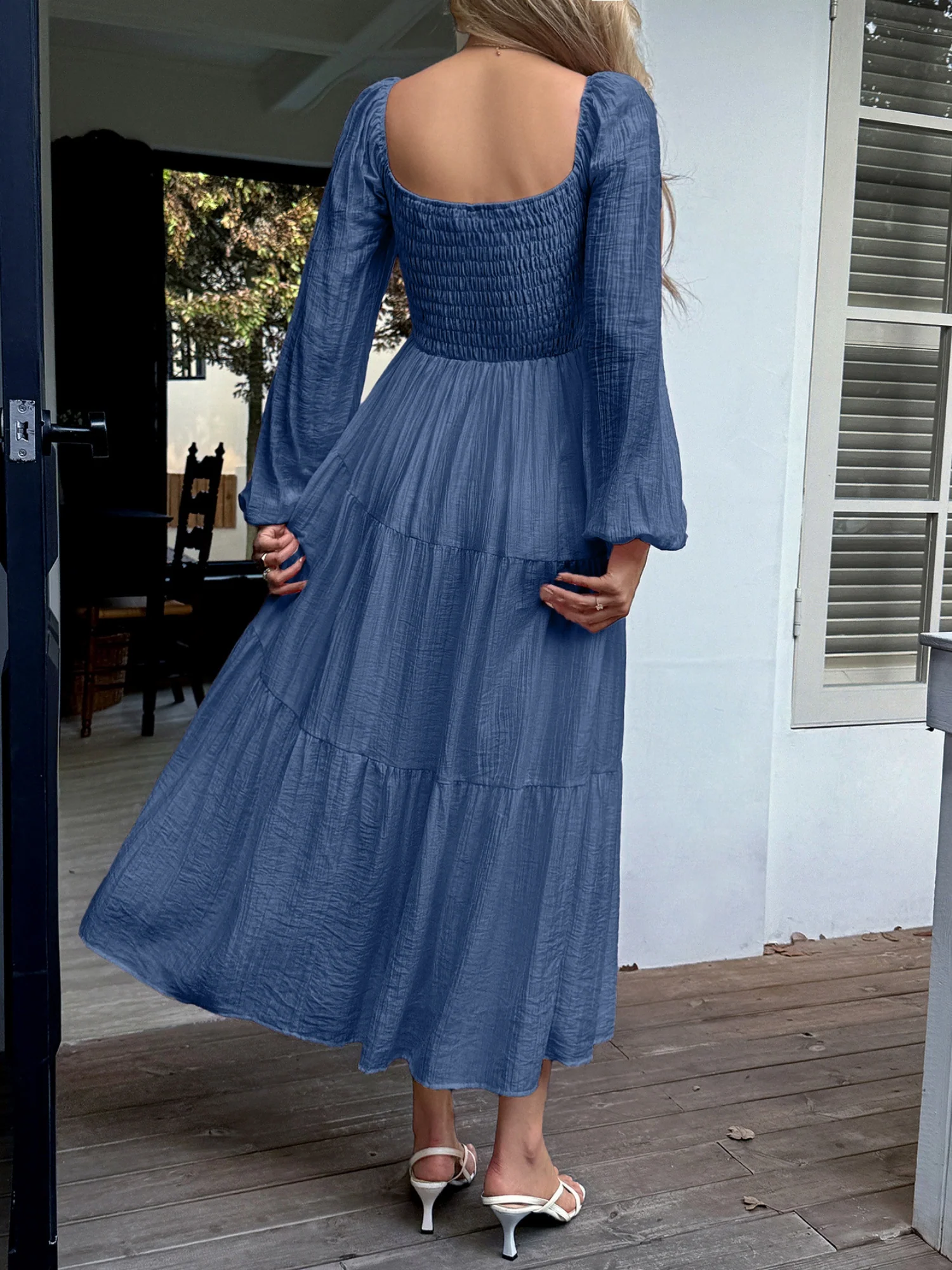 Straps Puff Sleeve U-neck Long Sleeve Maxi Dresses - Image 11