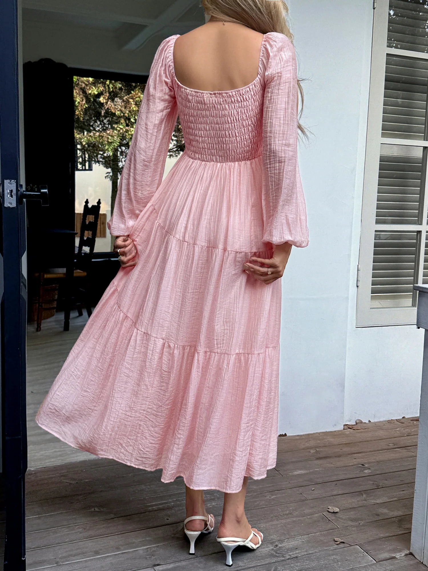 Straps Puff Sleeve U-neck Long Sleeve Maxi Dresses - Image 2