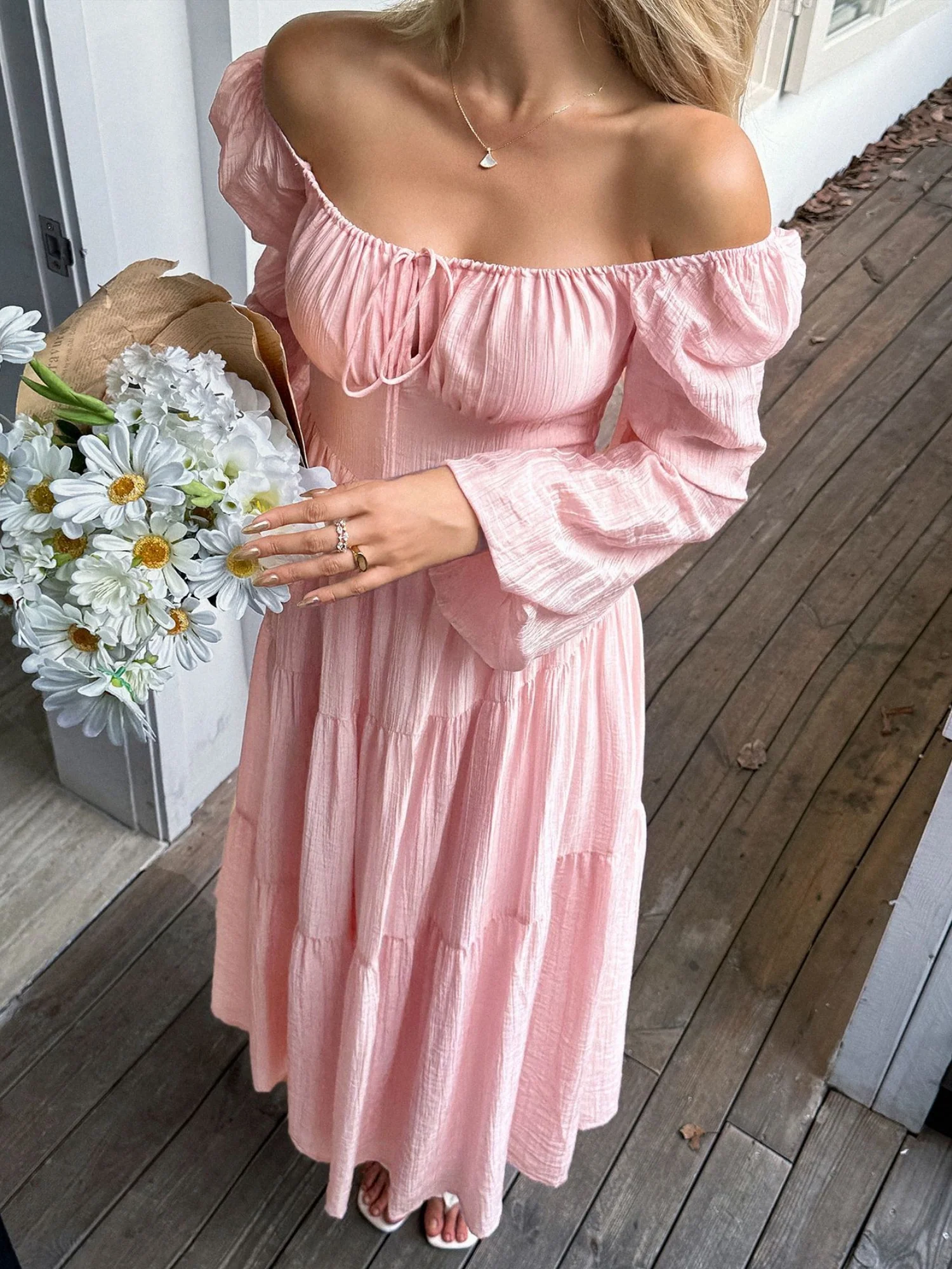 Straps Puff Sleeve U-neck Long Sleeve Maxi Dresses - Image 3
