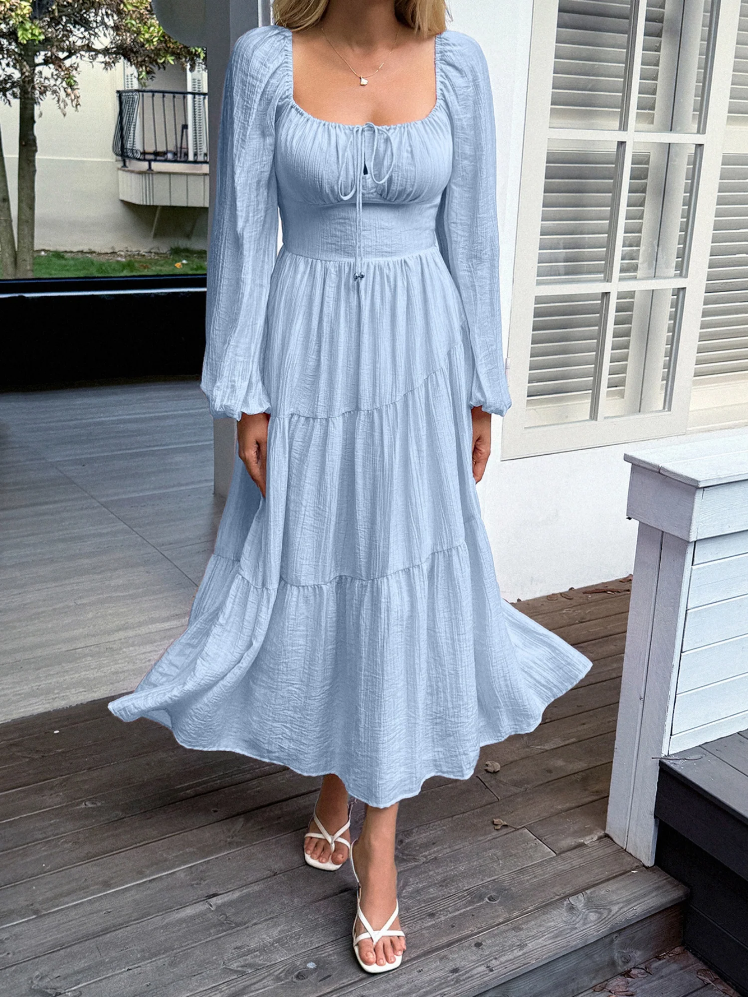 Straps Puff Sleeve U-neck Long Sleeve Maxi Dresses - Image 5