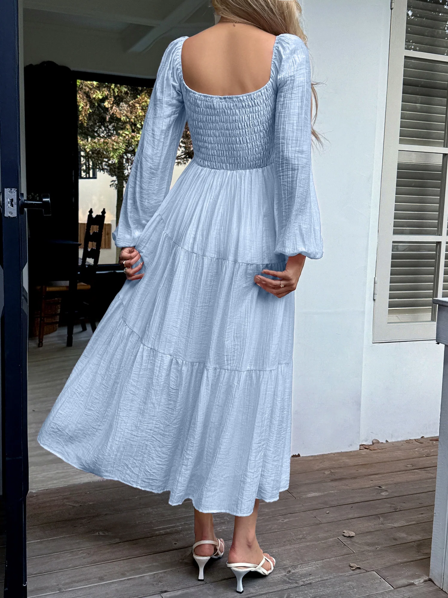 Straps Puff Sleeve U-neck Long Sleeve Maxi Dresses - Image 6