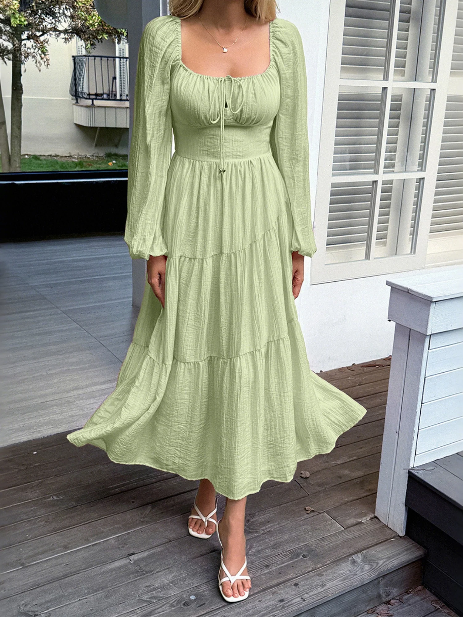Straps Puff Sleeve U-neck Long Sleeve Maxi Dresses - Image 7