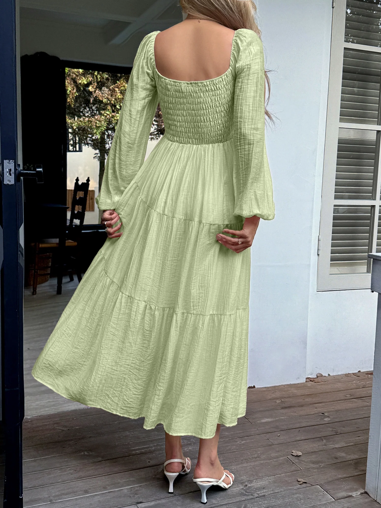 Straps Puff Sleeve U-neck Long Sleeve Maxi Dresses - Image 9