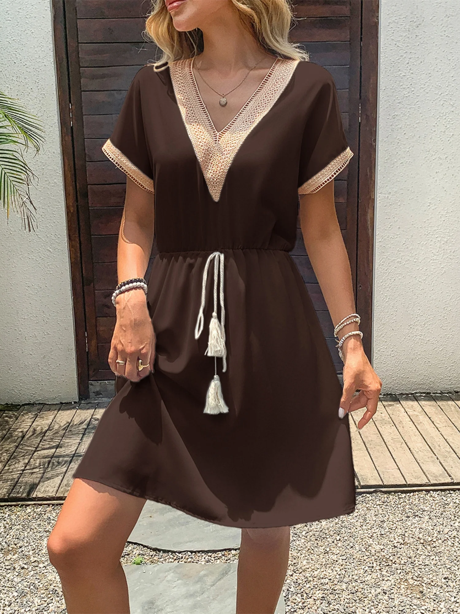 Spliced Waist Corset V-neck Short Sleeve Mini&Short Dresses - Image 8