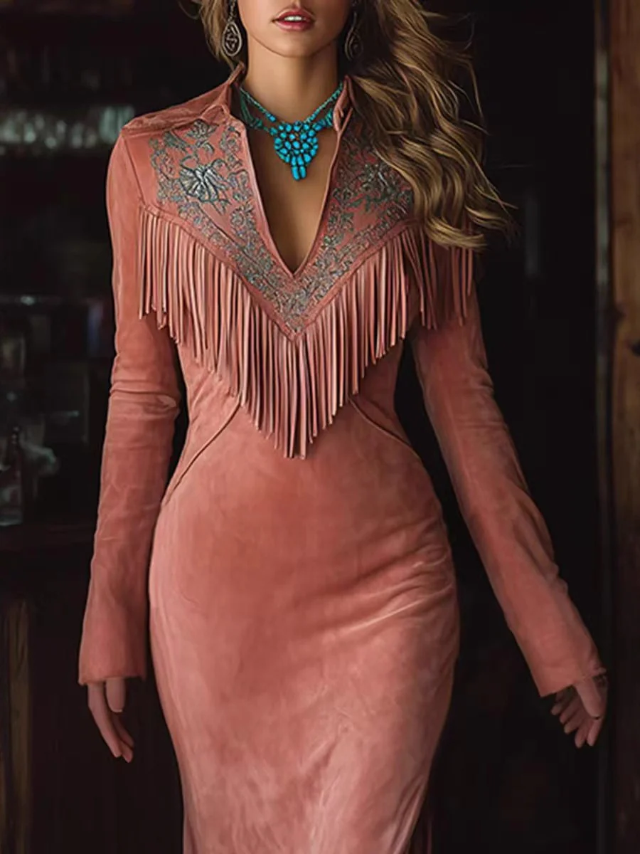 Long-sleeved Tassels Long Dress With Slit - Image 2