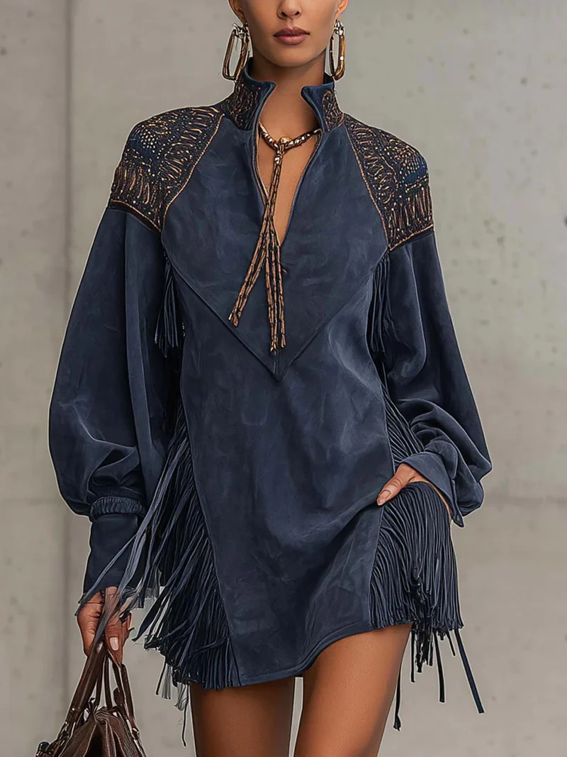 V-neck Long-sleeved Tassel Embroidered Tie-waist Short Dress
