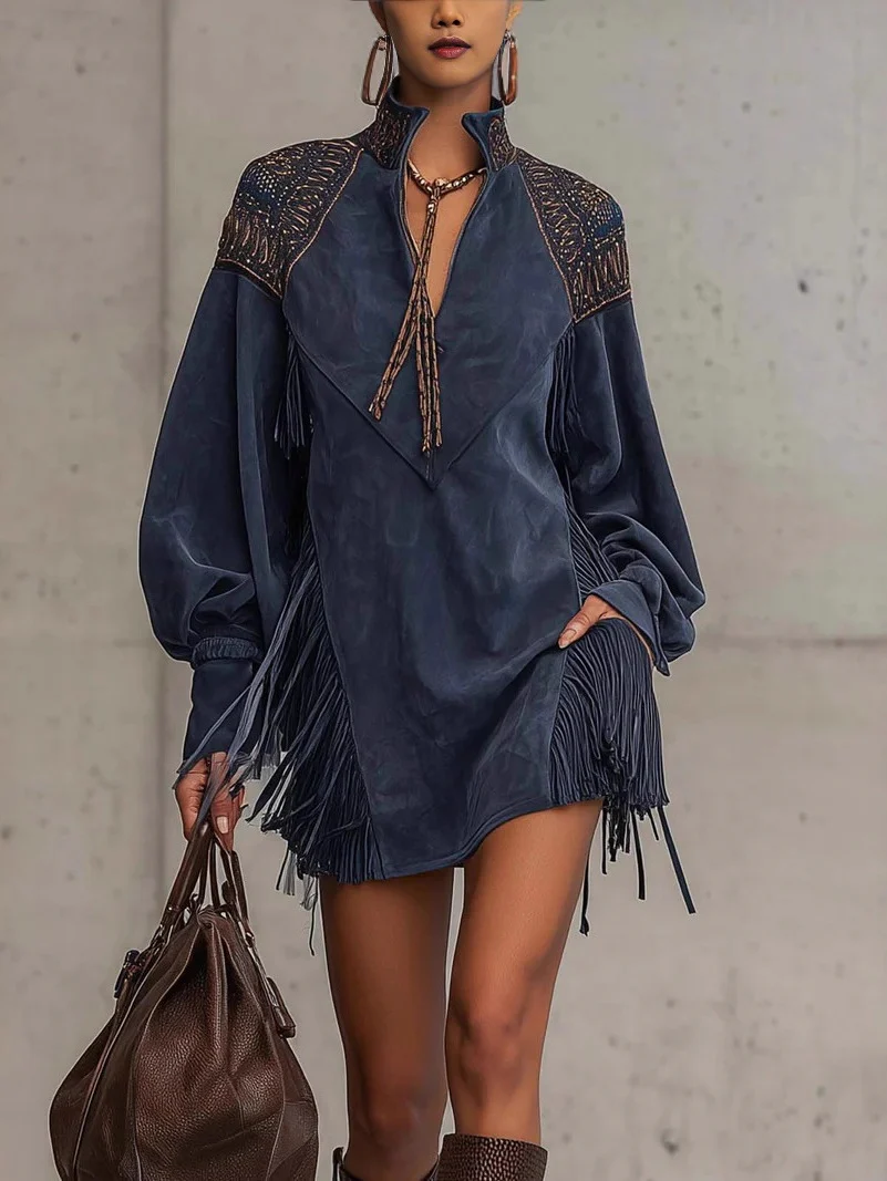 V-neck Long-sleeved Tassel Embroidered Tie-waist Short Dress - Image 2