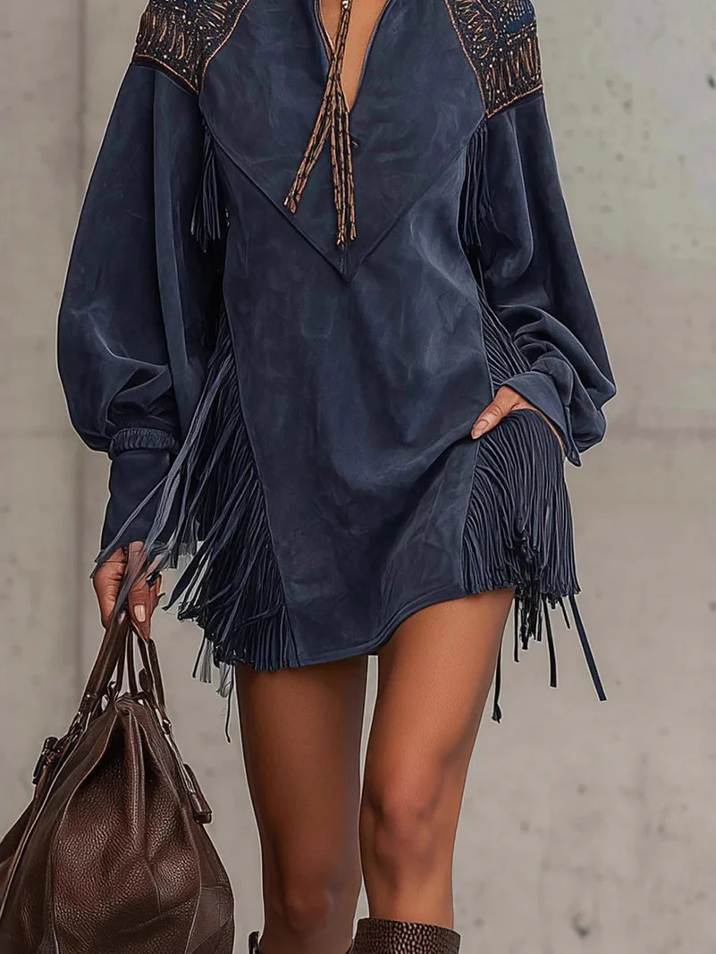 V-neck Long-sleeved Tassel Embroidered Tie-waist Short Dress - Image 3