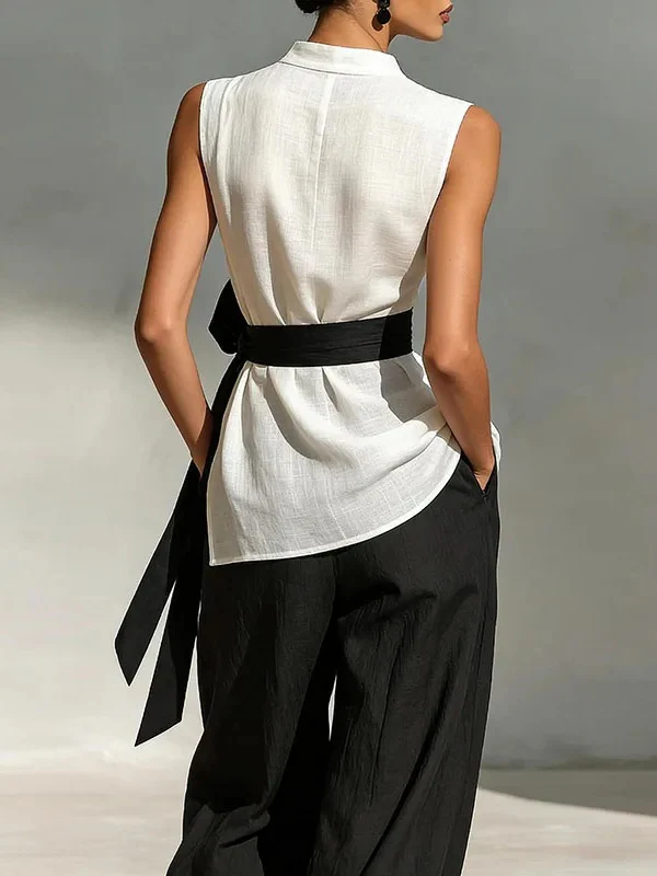 Two-piece Set: Tie-waist Sleeveless Tencel Linen Top And Wide-leg Pants - Image 2