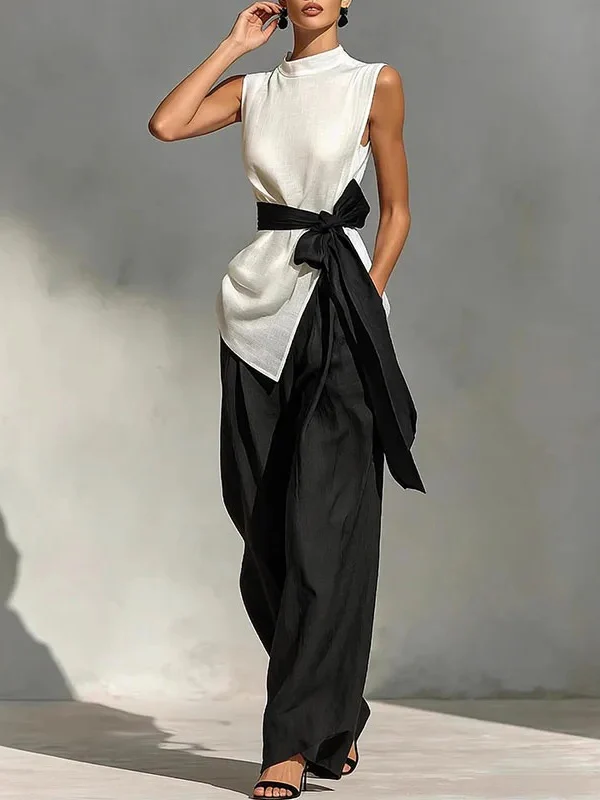 Two-piece Set: Tie-waist Sleeveless Tencel Linen Top And Wide-leg Pants - Image 3