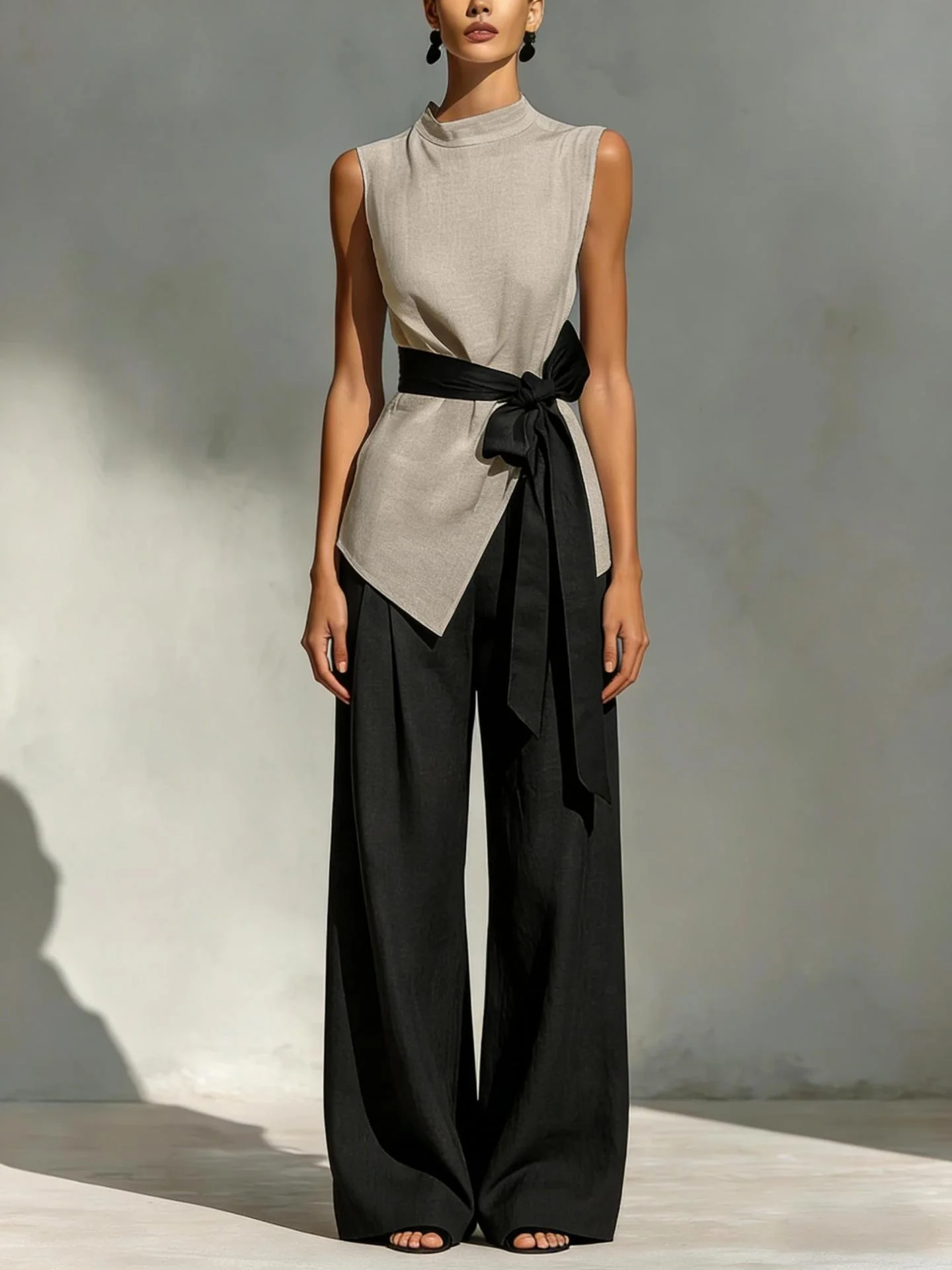 Two-piece Set: Tie-waist Sleeveless Tencel Linen Top And Wide-leg Pants - Image 4