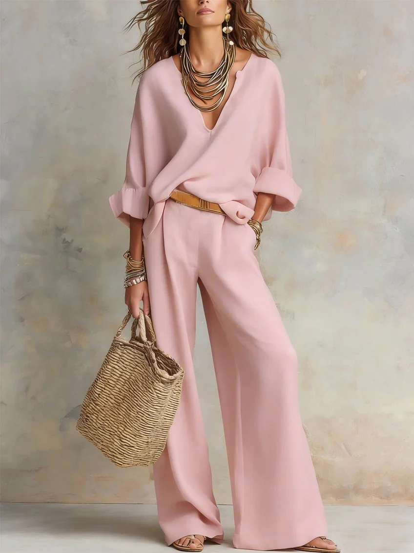 Casual Natural Linen Loose V-neck Vacation Two-piece Set - Image 5