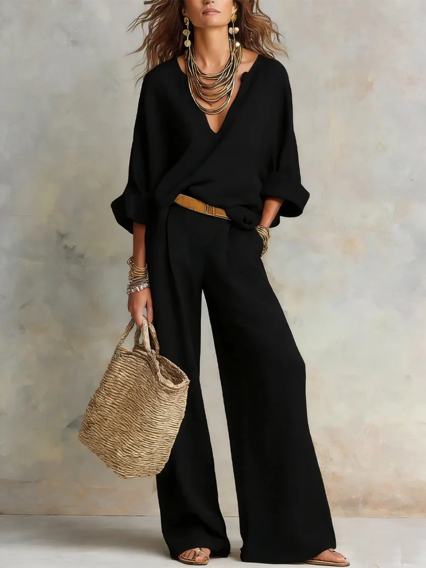 Casual Natural Linen Loose V-neck Vacation Two-piece Set - Image 6