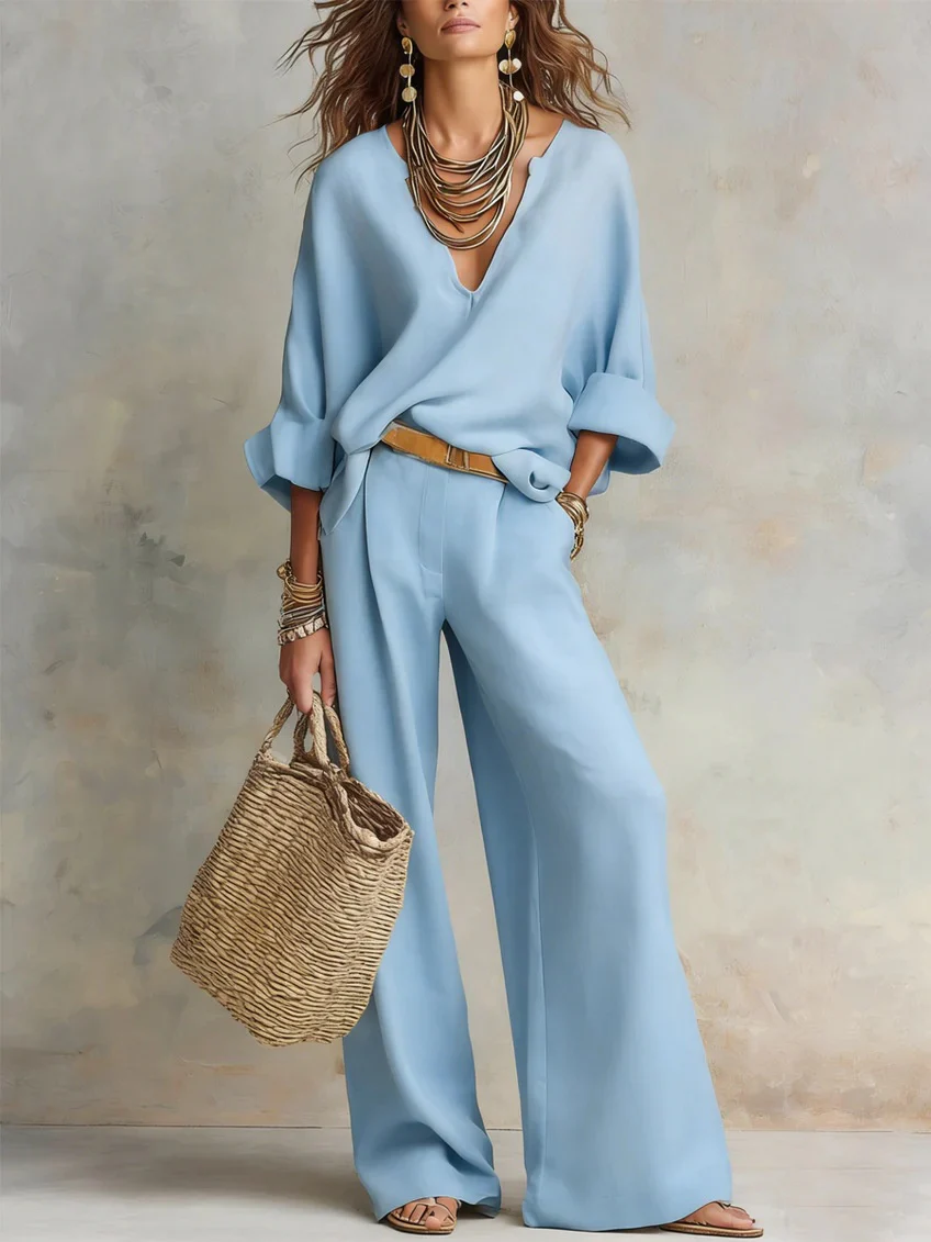 Casual Natural Linen Loose V-neck Vacation Two-piece Set - Image 7