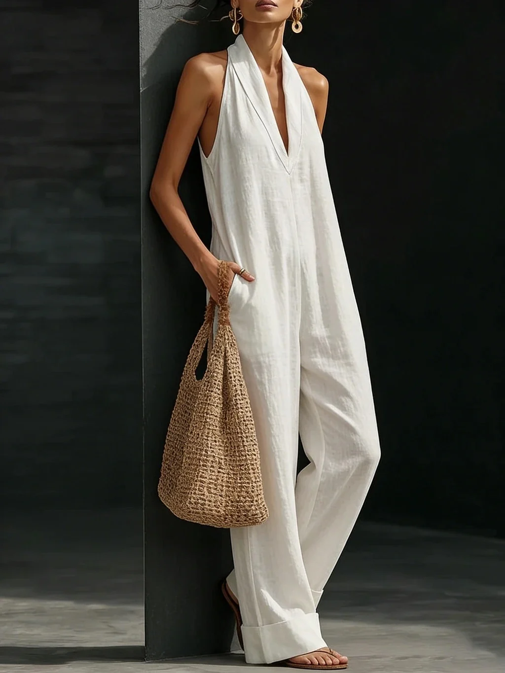 Simple Solid Color V-neck Sleeveless Jumpsuit - Image 2