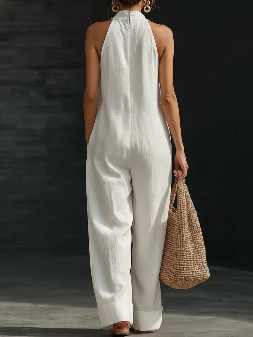 Simple Solid Color V-neck Sleeveless Jumpsuit - Image 4