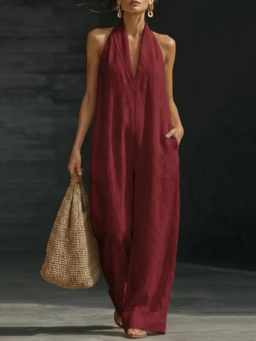 Simple Solid Color V-neck Sleeveless Jumpsuit - Image 5