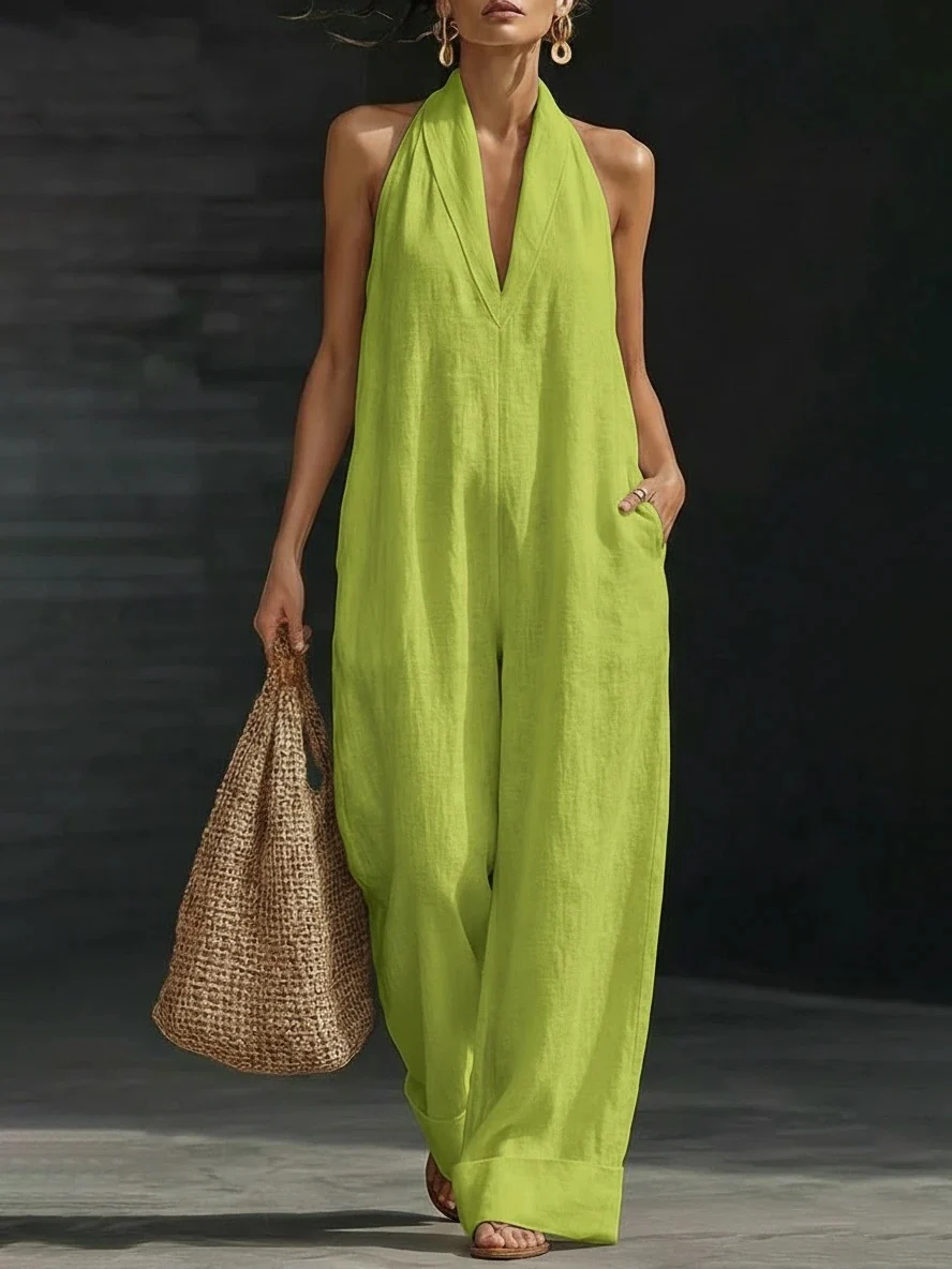 Simple Solid Color V-neck Sleeveless Jumpsuit - Image 6