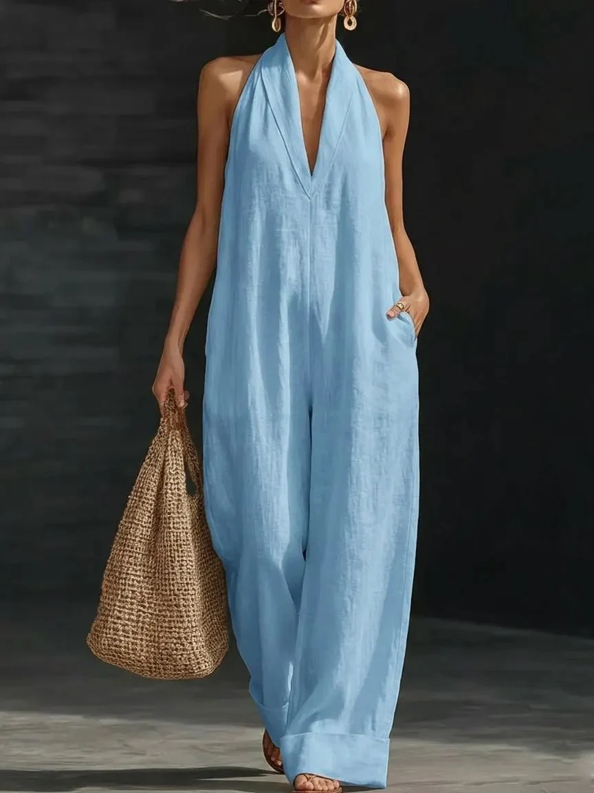 Simple Solid Color V-neck Sleeveless Jumpsuit - Image 7
