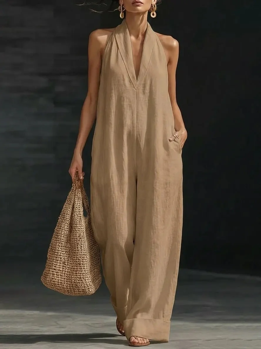 Simple Solid Color V-neck Sleeveless Jumpsuit - Image 8