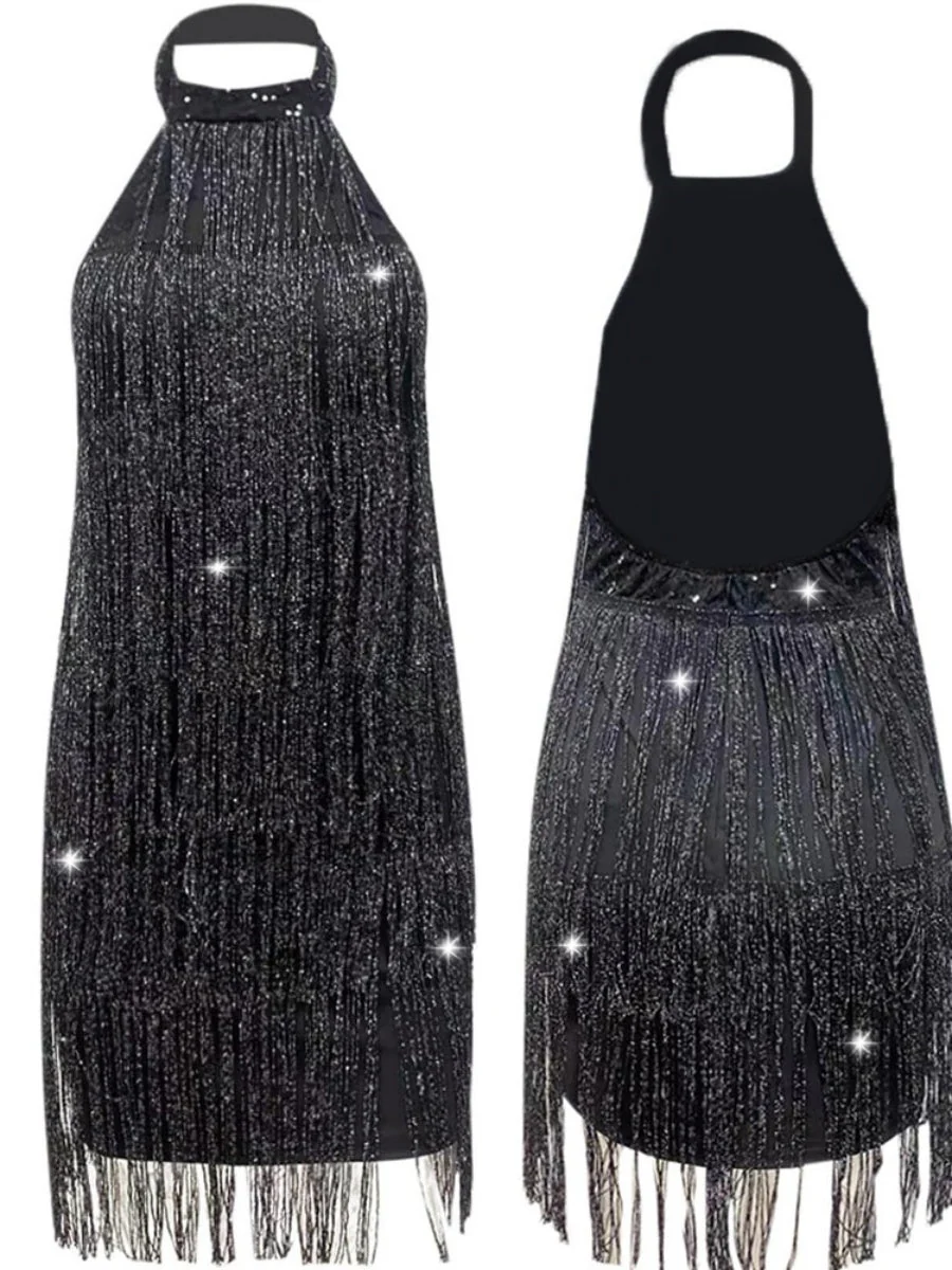 Black Tassel Flash Halter Sleeveless Mini&Short Dresses - Image 4