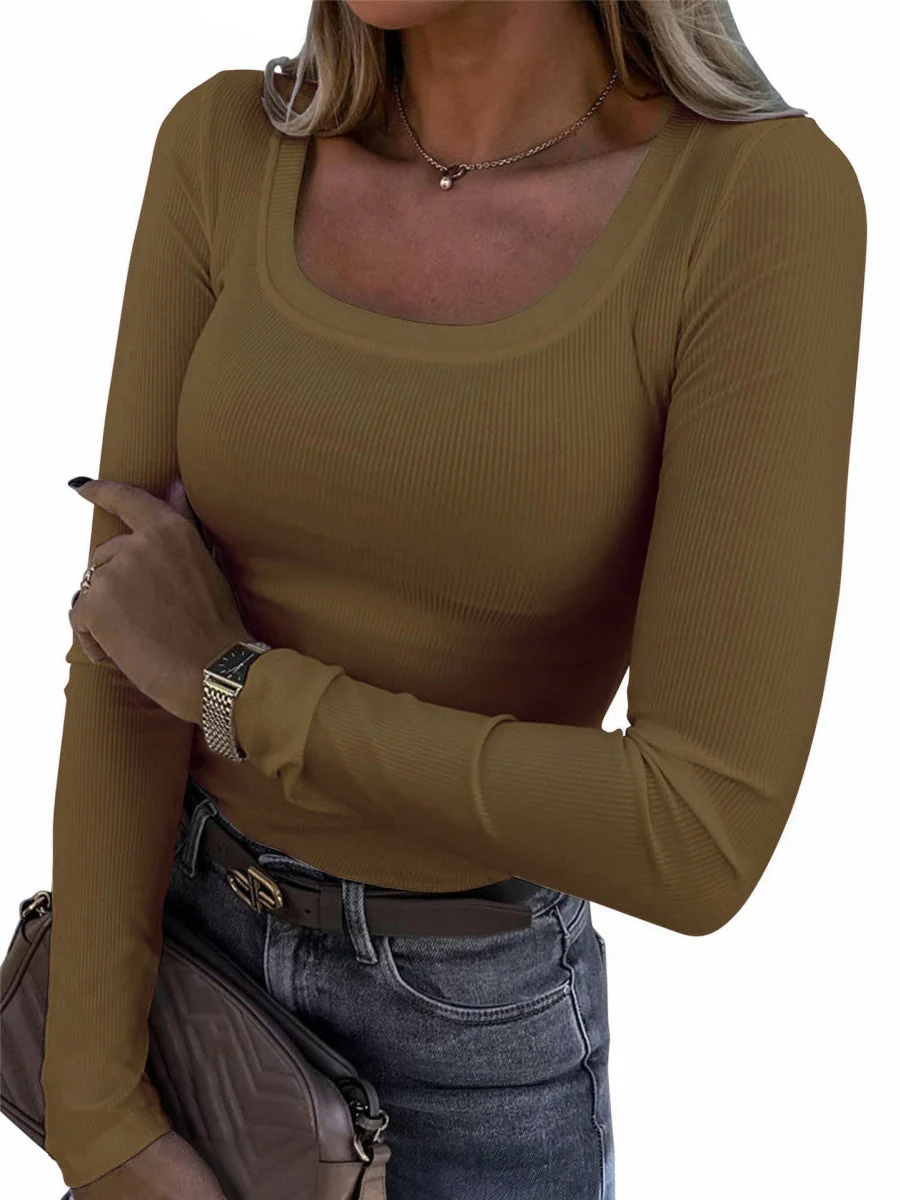 Threaded Groove Trimming Long Sleeve U-neck Base T-shirts - Image 10