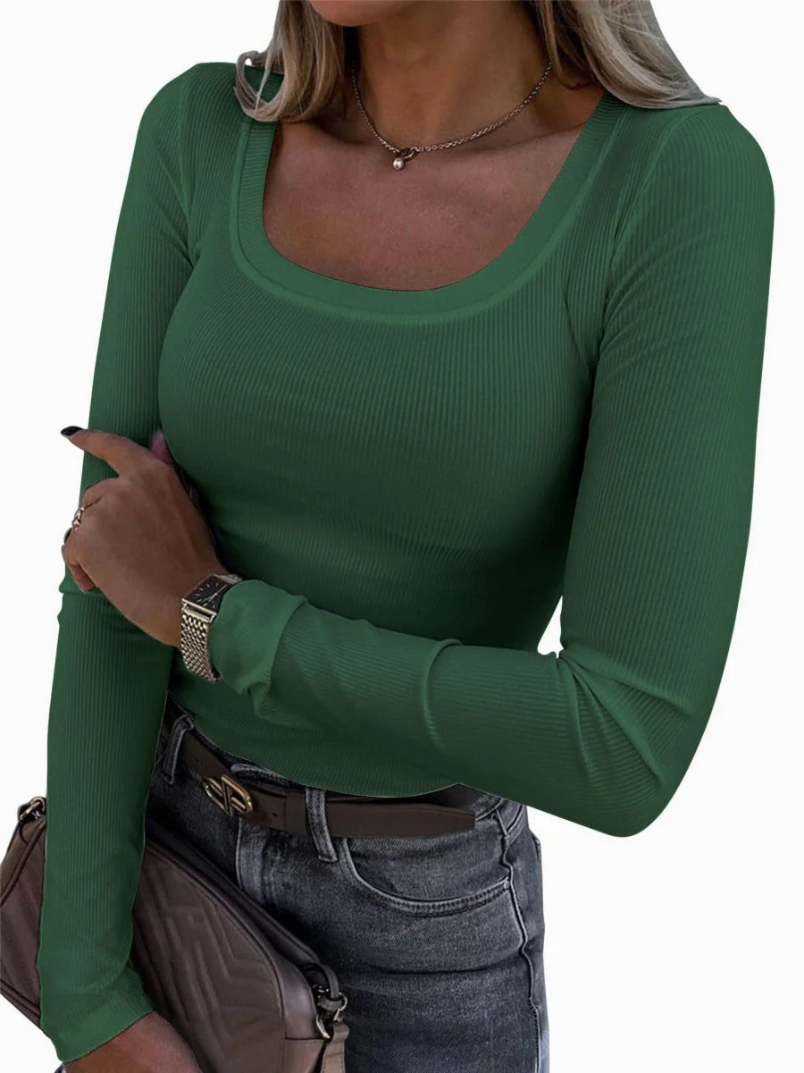 Threaded Groove Trimming Long Sleeve U-neck Base T-shirts - Image 11