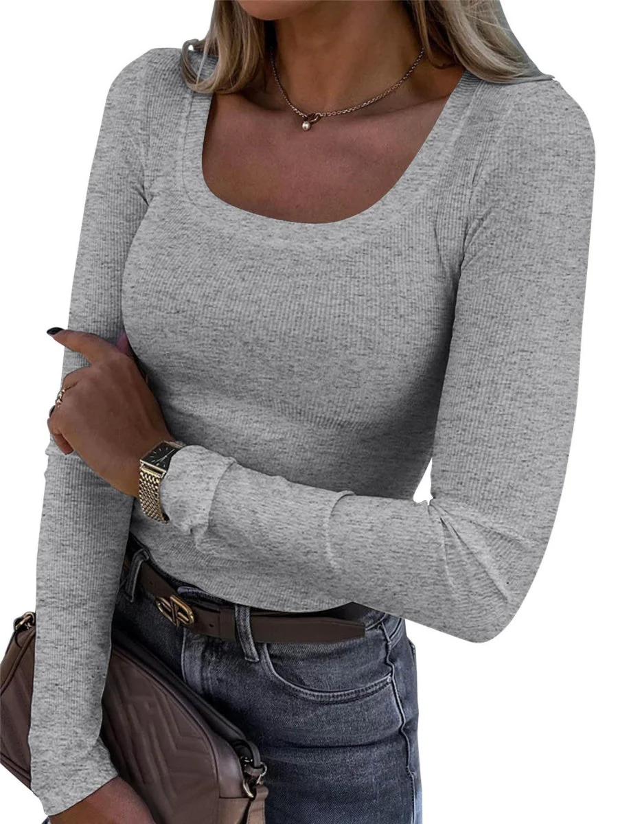 Threaded Groove Trimming Long Sleeve U-neck Base T-shirts - Image 12