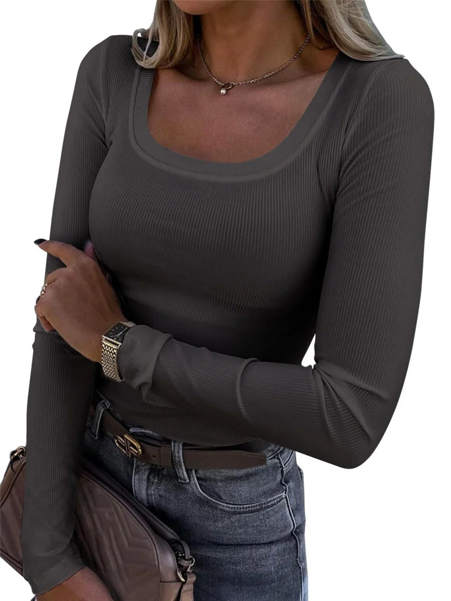 Threaded Groove Trimming Long Sleeve U-neck Base T-shirts - Image 13
