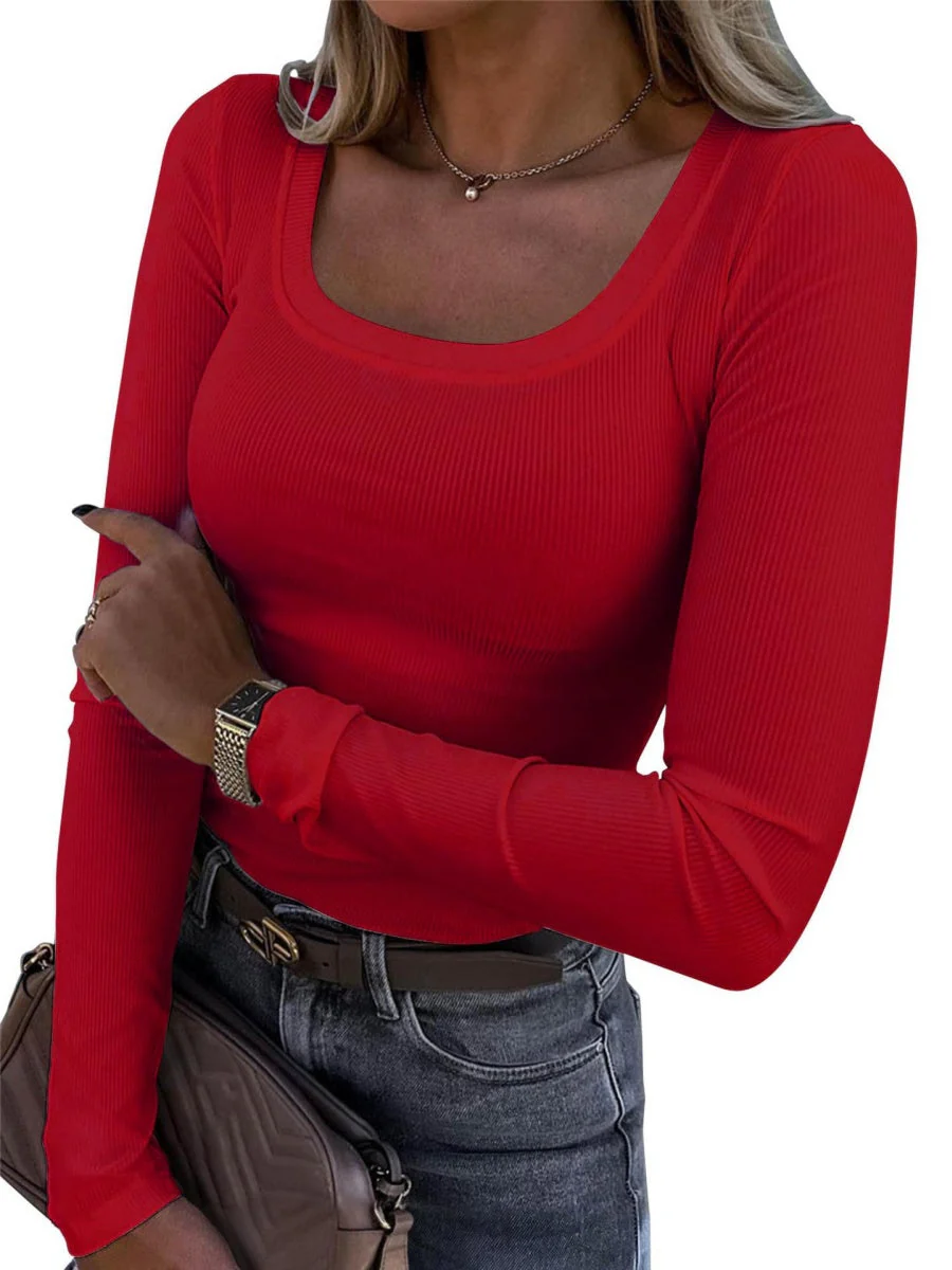 Threaded Groove Trimming Long Sleeve U-neck Base T-shirts - Image 5