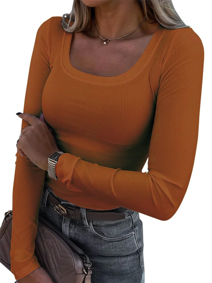 Threaded Groove Trimming Long Sleeve U-neck Base T-shirts - Image 6