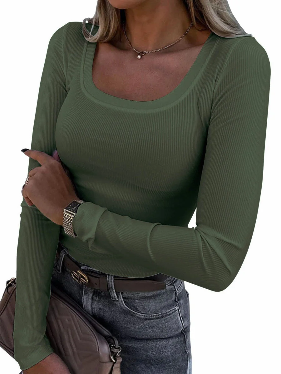 Threaded Groove Trimming Long Sleeve U-neck Base T-shirts - Image 7